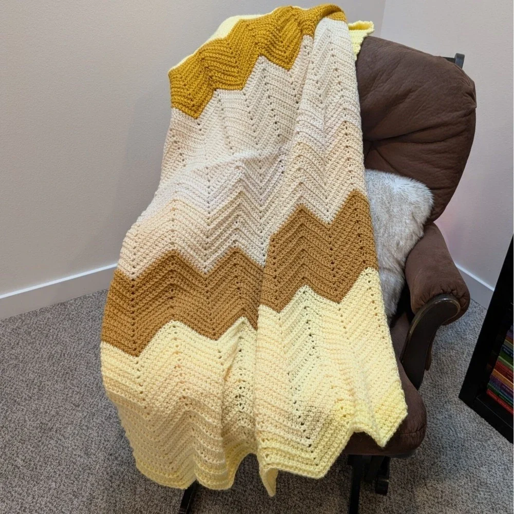 Handmade Crochet Chevron Afghan Fall Gold Yellow Throw Wheelchair Blanket 50x62